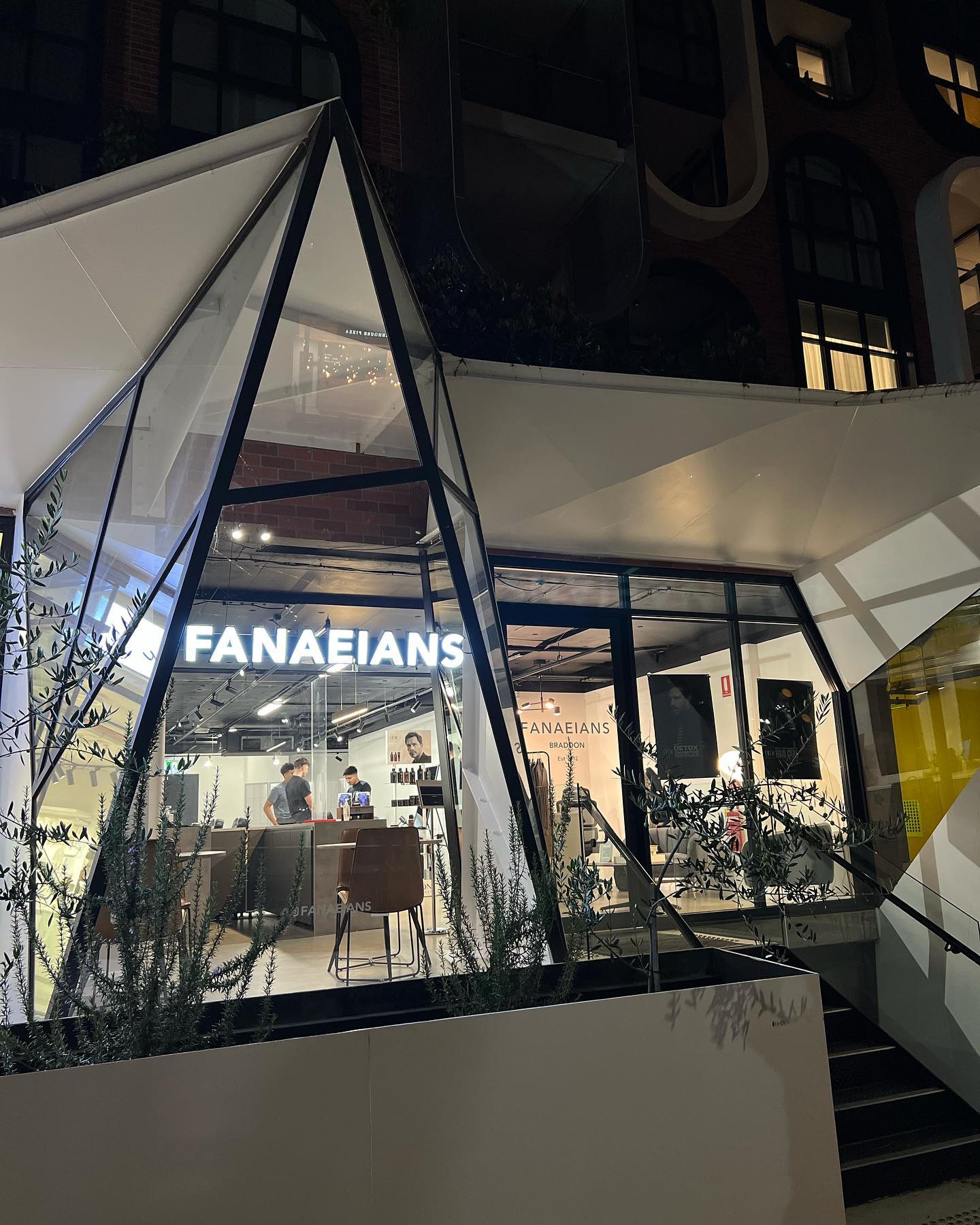 The illuminated FANAEIANS Braddon facade
